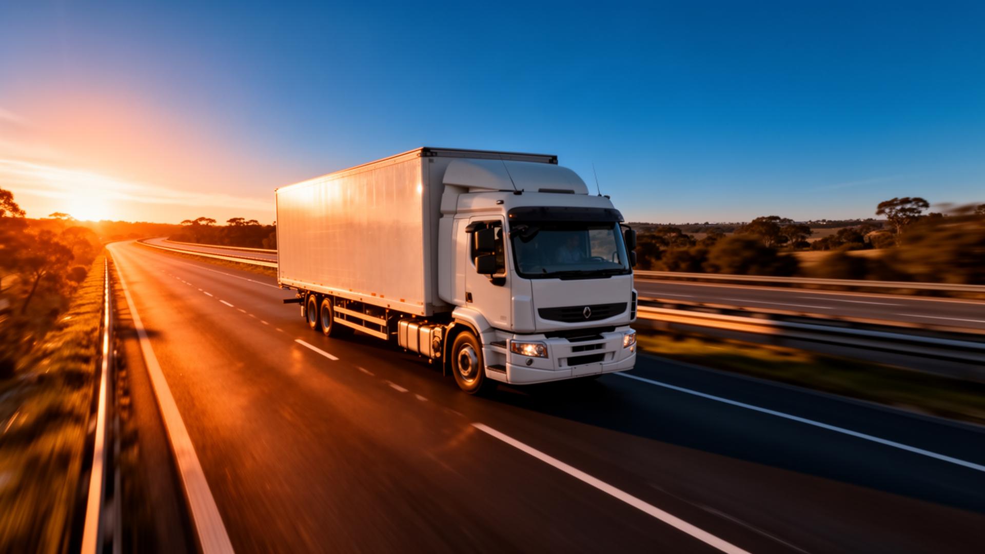 Caminhão Paiva Transportes em rodovia ao pôr do sol